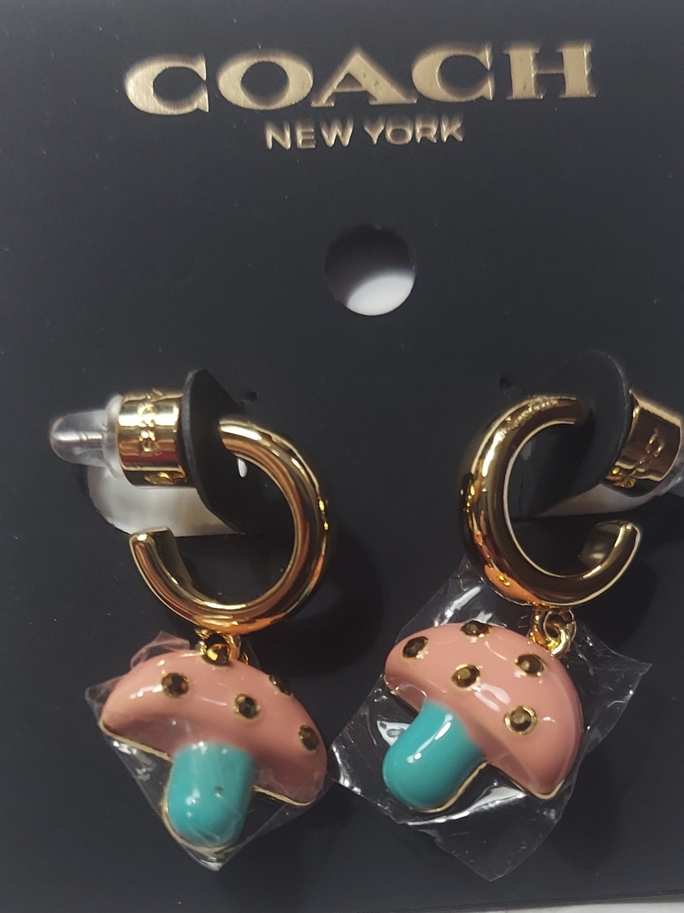 Coach Pink & Turquoise Mushroom Charm Hoop Earrings - Picture 2 of 3